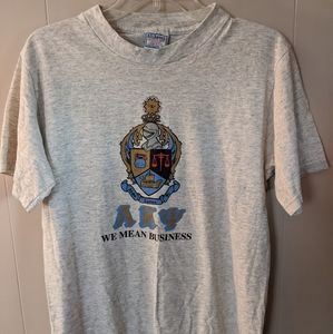 AKY Coat of Arms "We Mean Business" Men's Size Medium T shirt Lt. Gray